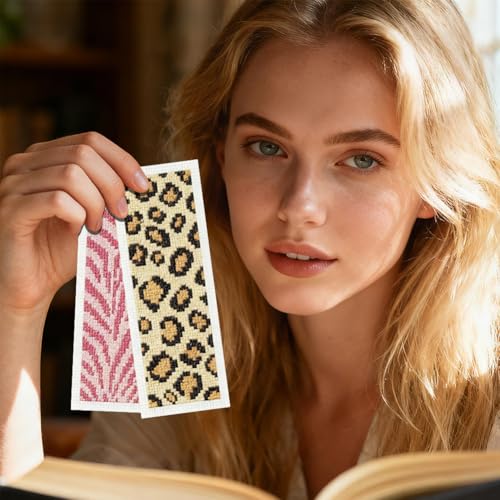 Image of INFUNLY 6pcs Animal Textures Cross Stitch Bookmark Kit for Beginners DIY Leopard Print Embroidery Bookmark Kits Zebra Stripes Needlepoint Kit with Instruction Easy Cross Stitch Set for Book Readers