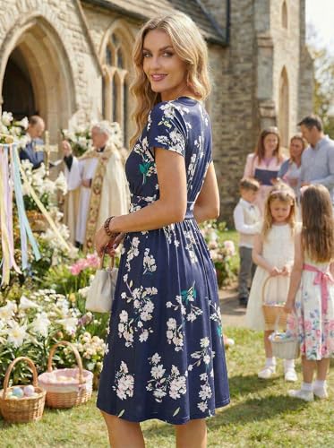 Image of OUGES Casual Summer Dress for Women Wrap V Neck A Line Midi Dresses with Pockets