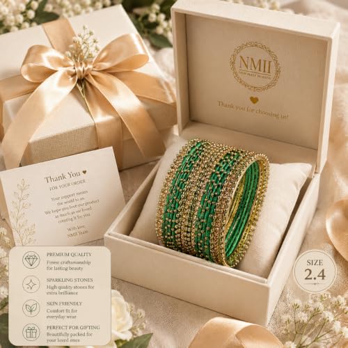 Image of NMII Non-Precious Metal with Base Metal and Zircon Gemstone Studded Ball Chain Linked Glossy Finished Silk thread Bangle set for Women and Girls