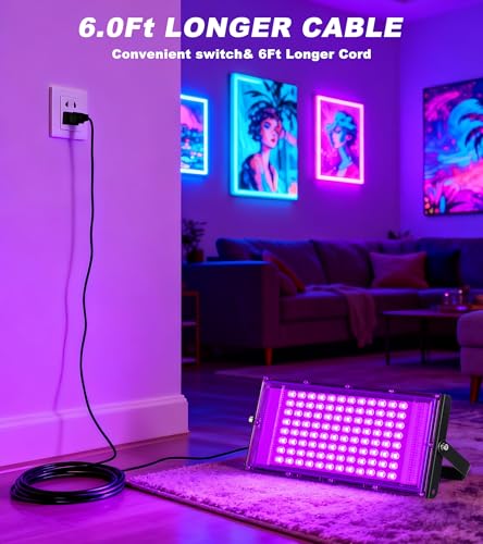 Image of TigQiang 100W 2 Pack LED Black Light IP66 Waterproof, Outdoor Blacklight Flood Light with Plug Switch Cord, for Halloween, Neon Glow in The Dark Party, Body Paint, Fluorescent Poster, Classroom