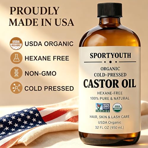 Image of SPORTYOUTH Organic Castor Oil Cold Pressed 32oz Glass Bottle Big Volume | USDA Organic, Hexane Free, 100% Pure Natural, Non-GMO, Unrefined, Vegan Body Oil for Hair, Skin, Lash, Brow, Face, Massage