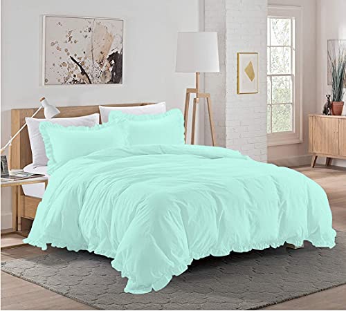 Image of 100% Cotton 600 Thread Count 5 Piece Frilled Duvet Set, 1 Piece Edge Ruffle Frilled Duvet Cover With Zipper Closure & Corner Ties And 4 Pillow Cover (King/California King Size, Aqua)