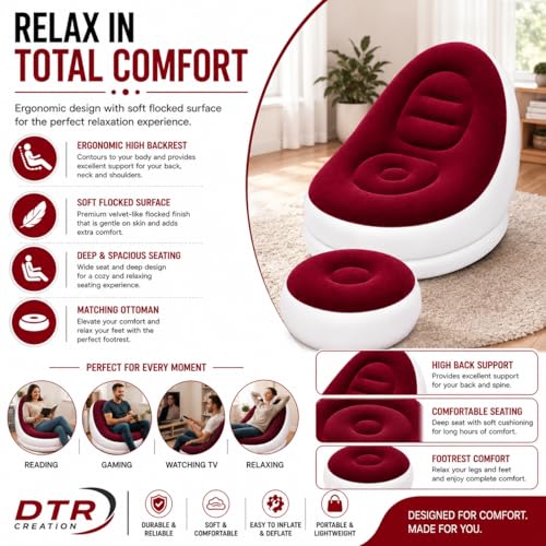 Image of Inflatable Lounge Chair for Adults with Ottoman, Foldable Air Sofa Couch, Portable Blow Up Chair for Living Room Bedroom, Comfortable Indoor Seating, 150 kg Capacity (Maroon)