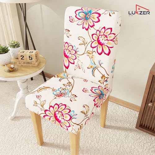Image of Lukzer 1PC Colorful Flower Stretchable Dining Chair Cover | Universal Fit Removable Washable Slipcover | 140 GSM Polyester + Spandex | Elastic Protective Cover for Home & Hotel Chairs Seat Slipcover