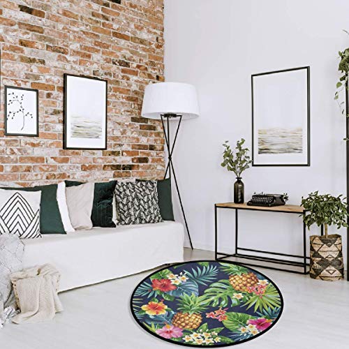 Palm Leaves Pineapple Area Rugs Tropical Sunflower Poppy Floral Round Doormat Non Slip Absorbent Floor Mat Carpet Yoga Rug For Entryway Bedroom Living Room Home Decor 3' #TOP4