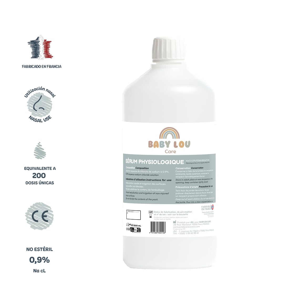 Suero Fisiológico Botella 4x1L | NaCl 0,9% | Fabricado en Francia | Lavado de fosas nasales | Higiene de la nariz | Para irración externa