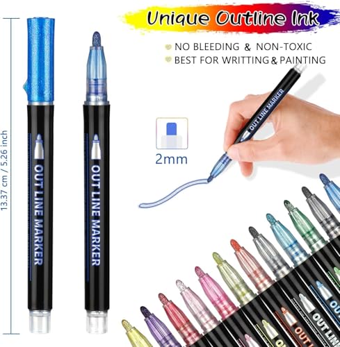 Image of Amitasha 12 Colorful Outline Markers Metallic Glitter Pen Set For Painting, Greeting Cards, Glass, Mug, Scrapbook Crafts, Fabric, Fine Ideal Art