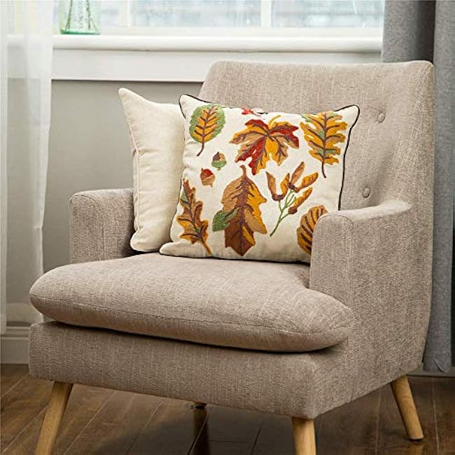 Glitzhome Fall Throw Pillows with Insert Decorative Throw Pillow with Embroidered Fall Leaves for Sofa Couch Bed Great for Fall Harvest Thanksgiving, 16 x 16 Inches