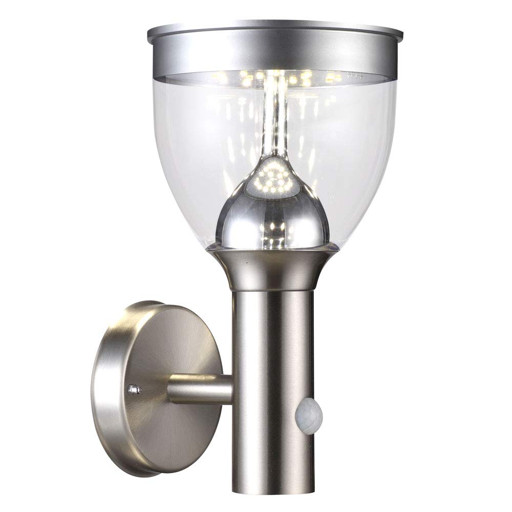 Globo Stainless Steel Solar Wall Light - IP44 Outdoor - Silver - With Sensor - 28.7cm