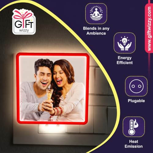 Image of Personalized Square Night Lamp with Custom Photo & Text | 4 x 4 Inch Plastic Night Light | Plug-in AC Powered | Custom Gift for Birthday, Anniversary, Home Decor & All Occasions (Red)
