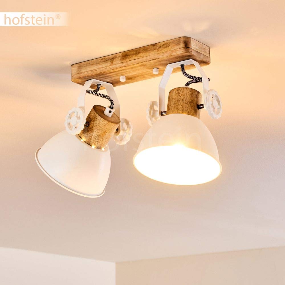 Plafoniera Orny, 2 luci, con faretti orientabili, plafoniera in metallo/legno in bianco/marrone, 2 x attacco E27, faretto dal design retro/vintage,senza lampadina/e