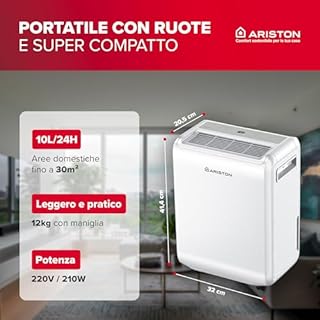 Ariston DEOS 10 EVO - Deumidificatore Casa Muffa Portatile 10L/24h con Ruote, Bagno e Ambienti Fino 30㎡, Piccolo Assorbi Umidità 32x41,4x20,5-3 Velocità d'Aria e Filtro Antipolvere, Consumo Max 210w