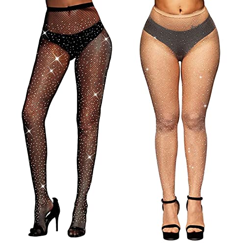 TSHAOUN 2 Pcs Damen Glitzer Strumpfhose mit Strass, Netzstrumpfhosen Hose Glitzernde für Partys, Performances, Tänze, Halloween, Cosplay (Schwarz,Nackt)