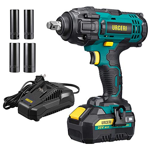 Clé à Chocs sans Fil URCERI 20V 1/2, 400Nm, Batterie 4.0 Ah, Boulonneuse à Choc sans Fil Vitesse Variable Chargeur Rapide, 4 Douilles 17/19/21/23 mm