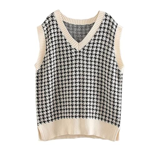 KARRESLY Women V Neck Houndstooth Soft Sweater Vest Casual Sleeveless Knitwear Tank Top Preppy Style Pullover(Beige-M)