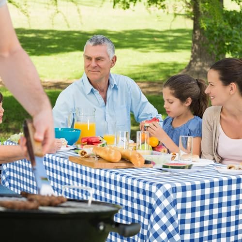 Image of Kochorie 54 Inch x 300 Ft Blue Checkered Plastic Table Cloth Roll Disposable Waterproof Table Cover Plastic Table Cover Roll with Easy Slide Cutter for Outdoor Picnic /Home Dining /Spring Party