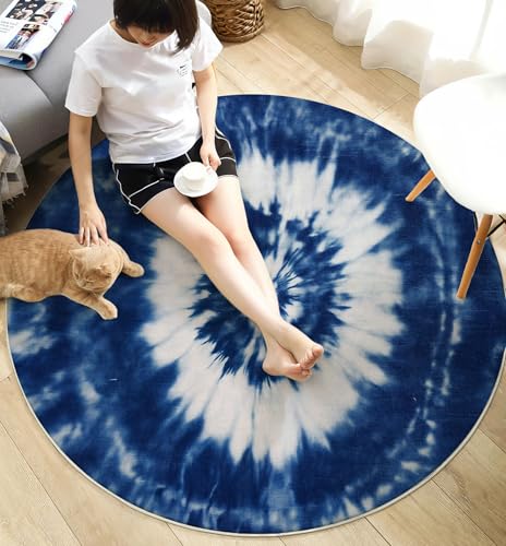 Tapis rond doux blanc indigo spirale design salon moderne - 7