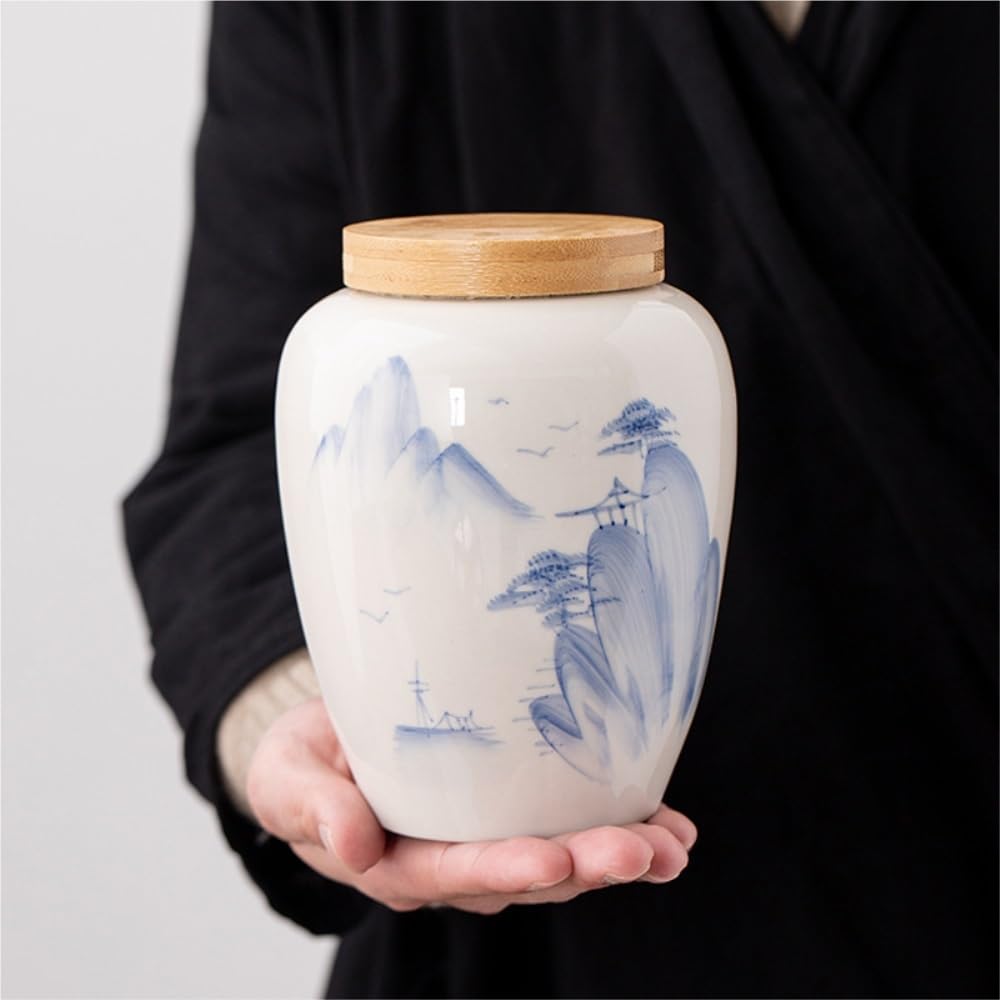 Lata de té Recipiente for almacenar té Suelto Pintado a Mano Vintage, Tarro de cerámica Sellado, Juego Chino, Caja Regalo con Doble Carrito de té(A)