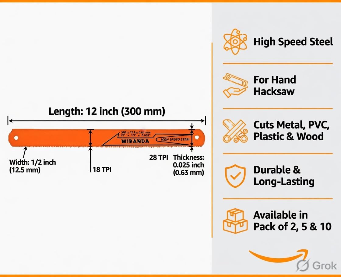 MIRANDA High Speed Steel Hand Hacksaw Blade 12 inch x 1/2 inch x 0.025 inch 18 TPI Orange Pack of 2 for Metal and Plastic Cutting