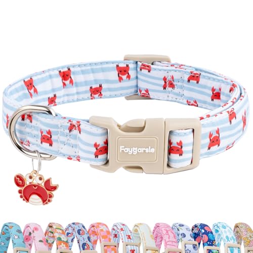 Faygarsle Cute Crab Pattern Dog Collar Cotton Fabric Light Blue Stripes for Small Medium Large Dogs S