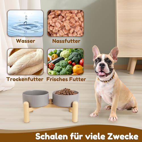 Hundenapf Set Erhöht Hunde Napfset - Doppelnapf Hund Keramik mit Rutschfestem Ständer - Futternapf Hund 2er Set für Futter und Wasser - Ideal für Kleine und Mittelgroße Hunde - 2 x 850 ml - Dunkelgrau