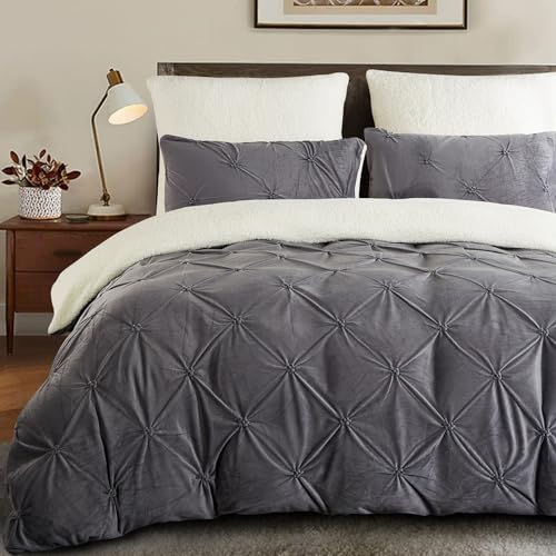 Lanqinglv Pintuck - Ropa de cama de lujo de 220 x 240 cm, color gris, mullido, forro polar, tacto de cachemira, de invierno, de felpa, plisado, funda nórdica con cremallera y 2 fundas de almohada de