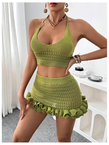 SHENHE Women's Swimsuit Cover Up Set 2 Piece Crochet Crop Halter Tops Ruffle Skirt Beach Outfits4