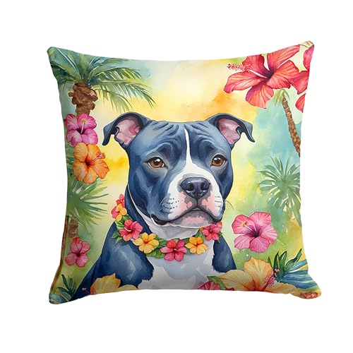Caroline's Treasures Luau Party Decorative Throw Pillow, 14Hx14W, Staffordshire Bull Terrier 6525