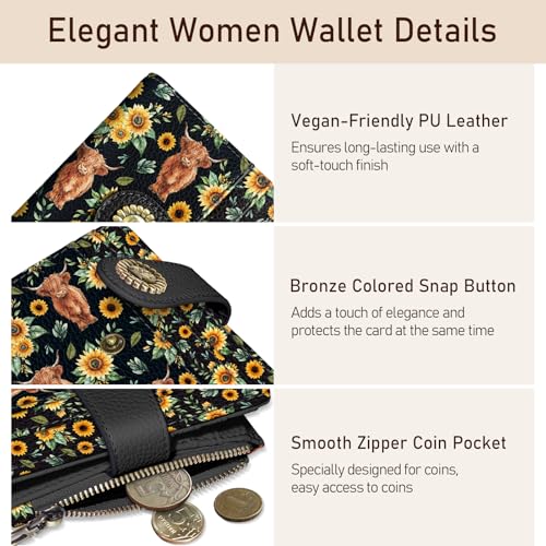 Image of Kelvoris Highland Cow Sunflower Small Rfid Women Wallet Zipper Coin Pocket | Cattle Bifold PU Leather Compact Cash Credit Card Holder Travel Purse for Female Ladies Teen Girls 1 ID Window 10 Card Slots