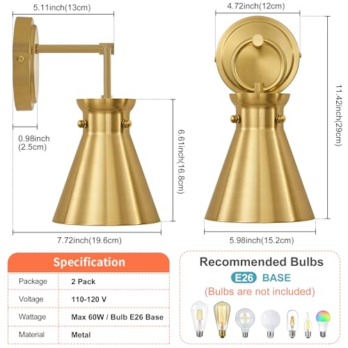 Image of Gold Wall Sconces for Bathroom, Modern Vanity Light Fixtures, Wall Mount Lighting Farmhouse Wall Lights with 6 Inch Metal Lampshade for Bedroom Living Room Mirror Kitchen (Gold Metal, 2 Pack)