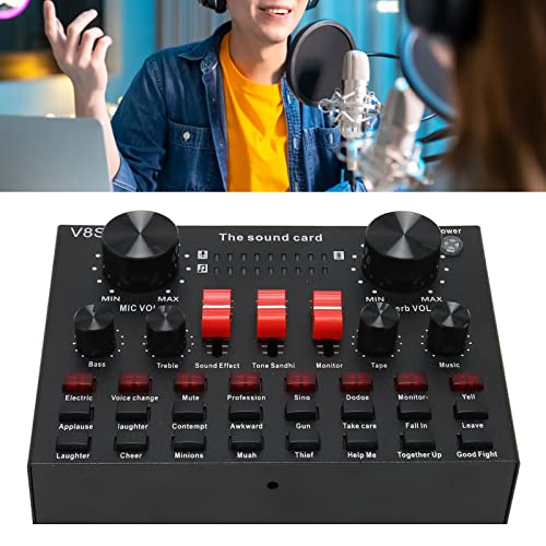 Live Sound Card, 16 Sound Effects V8S Voice Changer Sound Card Connection, 8 Fun Modes, Sound Mixer Board for Karaoke, Light Design