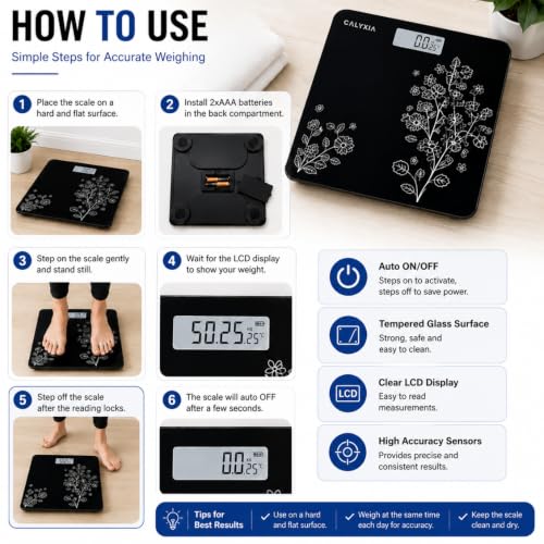 Image of Digital Weight Machine Scale 180kg Capacity, Tempered Glass Electronic Body Weight Machine with LCD Display, Auto On /Off, High Precision, Floral Black Design for Home Use
