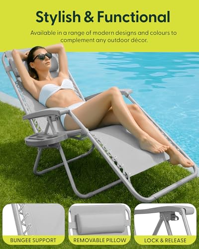 Keplin Set Of 2 Heavy Duty Zero Gravity Chairs – Padded Garden Recliners With Locking System, 160° Recline, Adjustable Pillow, Removable Tray With Cup & Phone Holders, 110Kg Capacity (Light Grey) - 3