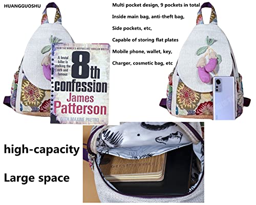 Image of Small Canvas Backpack, Retro Boho Washed Hippie for Women Daily Commute (Eggplant Decorations)