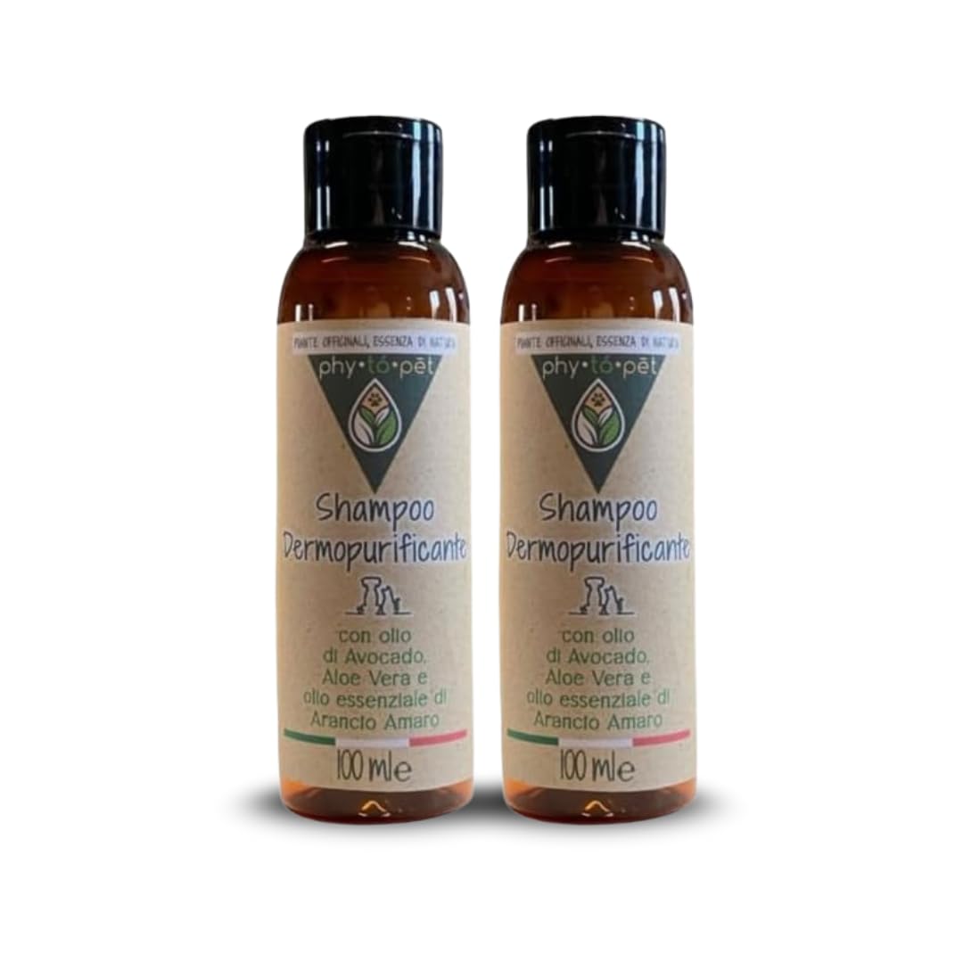 phy to pet | Shampoo Professionale Lenitivo per Cani e Gatti - Trattamento Dermopurificante per Pelle Irritata o Sensibile - Formulato con Aloe Vera e Olio Essenziali - Due Confezioni da 100 ml