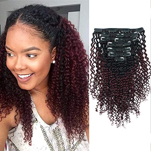 ABH AMAZINGBEAUTY HAIR Kinky Curly Ombre Clip Ins Black Women, 3C 4A Remy Human Hair Extensions, Natural Color Fading into Cherry Wine 99J, 17 Clips with 7 Pieces, 115 Gram, 14 Inch