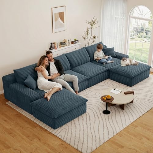Image of 136 inch Cloud Couch Modular Sectional Sofa for Living Room, U-Shape Boneless Couch with Deep Seat, Modern Corduroy 4-Seater with Ottomans, No Assembly Required, Blue
