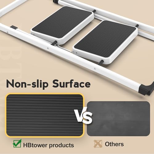 HBTower Trittleiter 2 Stufen klappbar, Faltbare Leiter aus Stahllegierung, rutschfeste Pedale, nur 4,5 cm dünn gefaltet, 150 kg belastbar, kein Aufbau nötig – für Küche, Garage & Büro