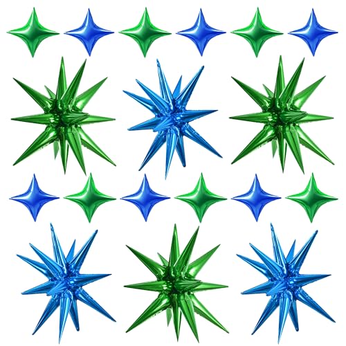 Image of TONIFUL 18Pcs 22Inch Blue Green Large Explosion Star Mylar Balloons and 10Inch Four Pointed Star Balloons Set for Christmas New Year Birthday Wedding Bridal Shower Anniversary Photo Booth Supplies