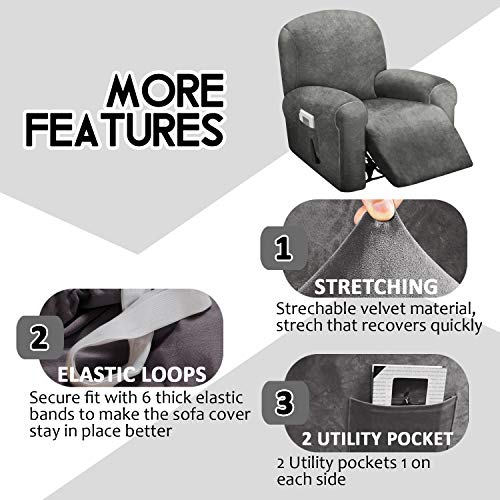 Ulticor 4-Piece, 1 Seat Recliner Cover, Velvet Stretch Reclining Chair Covers For 1 Cushion Reclining Sofa, Single Seat Recliner Couch Cover, Thick, Very Soft, Machine Washable (Dark Grey) #TOP3