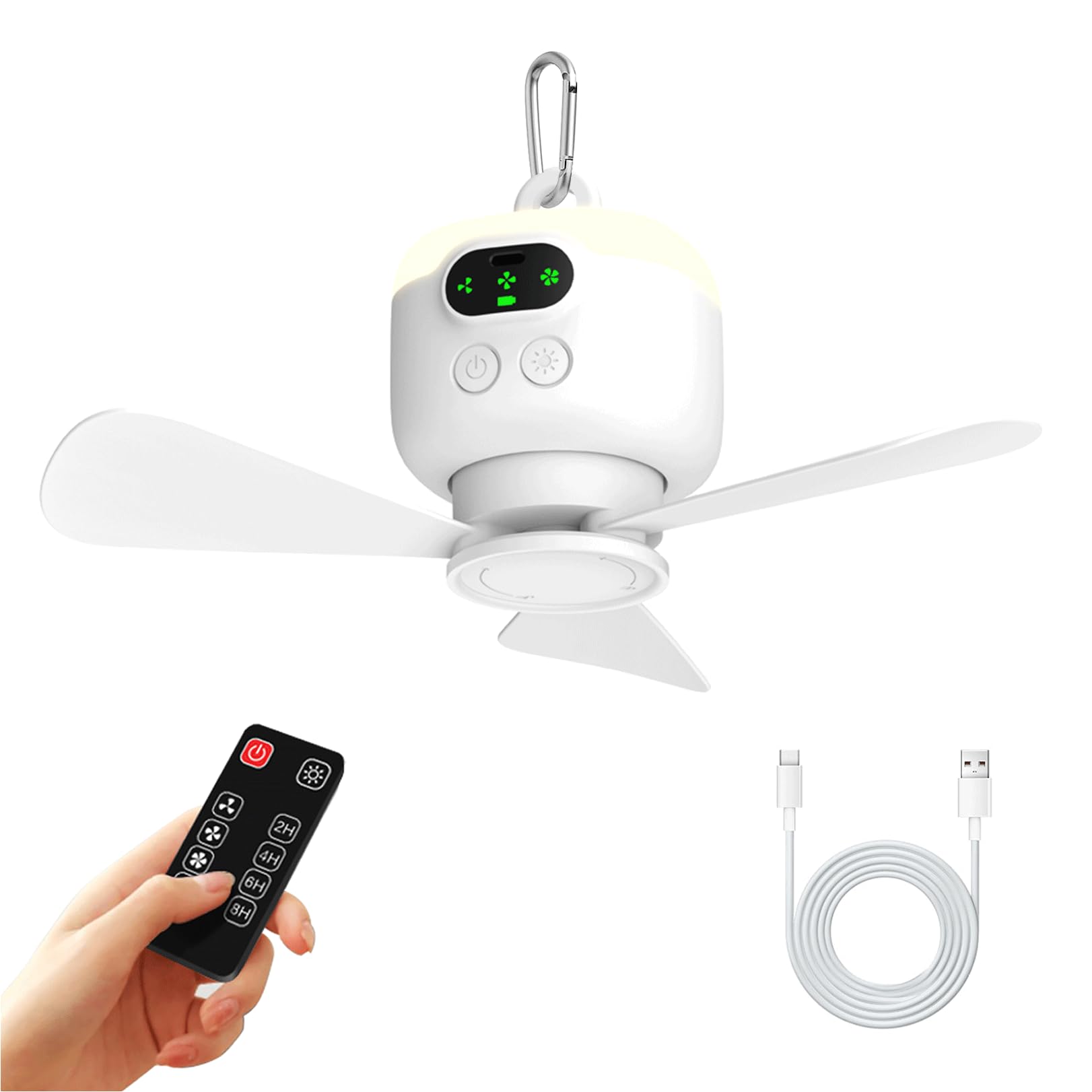 Ventilatore da soffitto portatile con luce e telecomando, ventilatore da campeggio