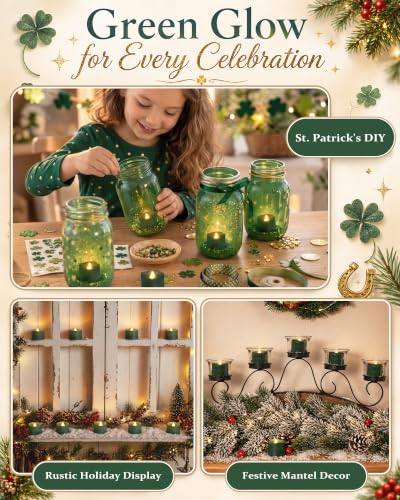 Image of Homemory 50-Pack Green Flameless Battery Tea Light Candles, 200+ Hours | Flickering LED Tealights for Christmas Trees, Greenery Centerpieces, Forest Weddings, Menorahs, Holiday Parties and Banquets