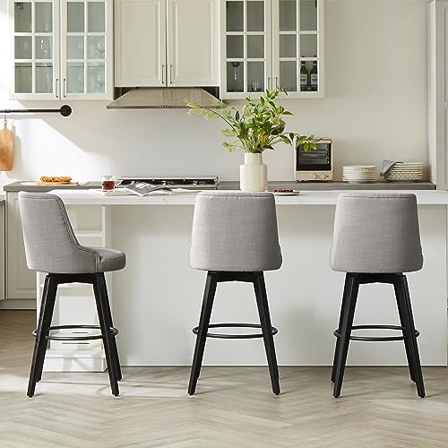 Image of Watson & Whitely Swivel Bar Stools with Back, Fabric in Flint Grey | 30 inch H Bar Height Barstools, Set of 2, Solid Wood Legs