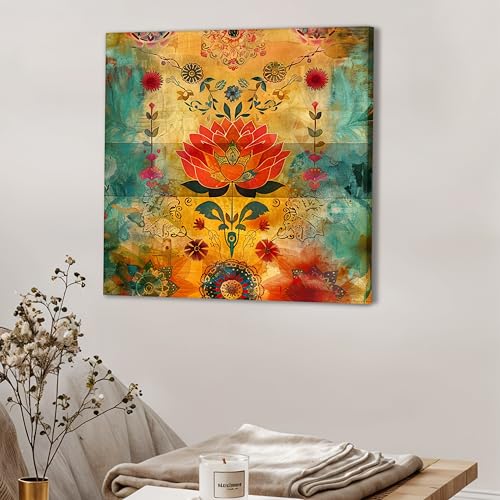 Image of PAINTINGMANTRA Colorful Lotus Artwork Stretched Canvas Painting for Living Room | Bohemian Floral Canvas Wall Decor Art For Livingroom, Bedroom, Office, Hallways - 22x22 Inch