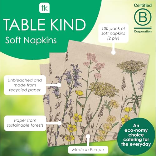 Table Kind 100 Großpackung weiche Servietten aus Recyclingpapier, geblümte Einweg-Partyservietten Catering und Alltagsgebrauch umweltfreundlich, ungebleicht | Hergestellt in der EU, 2 lagig, 33 cm