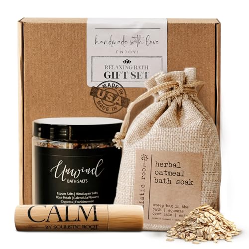 Juego de regalo de baño relajante para mujer, pequeña caja de regalo de productos de cuidado personal para mujeres, rodillo de aceite esencial calmo, avena, lavanda, baño, sales de Epsom con aceites