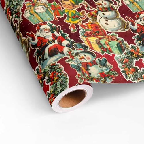 Dtiafu Reversible Vintage Christmas Wrapping Paper Roll for Kids Boys Girls Retro Santa Claus Gnome and Candy Joy Lettering Design Xmas Gift Wrap for Winter Holiday Party Celebration - Total 28.5sq.ft