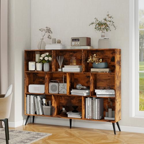 GarveeHome Wooden 3-Tier Open Shelf Bookcase, 10 Cubes Bookshelf, Freestanding Book Shelf Storage Organizer with 5 Iron Legs for Home Office, Living Room, Bedroom, Brown