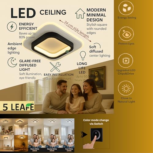 Image of 50W Modern LED Ceiling Light from Acrylic Flush Mount Lamp for Living Room, Bedroom, Kitchen & Office. Modes : Warm, Cool & Natural White (Square)