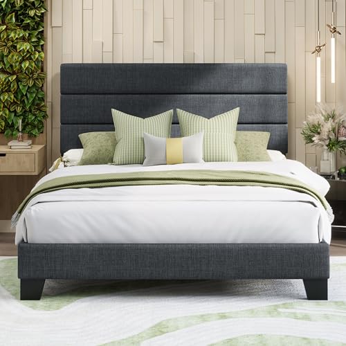 MUTICOR Cama Tapizada 160 x 200 cm con Almacenamiento Bajo la Cama – Estructura de Cama con Cabecero Tapizado de Tela, Somier de Láminas de Madera, Estructura Acolchada, Fácil Montaje, Gris Oscuro